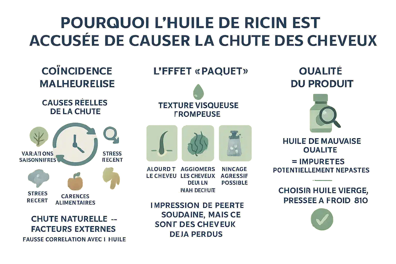 Illustration sur les mythes autour de l'huile de ricin et la chute des cheveux