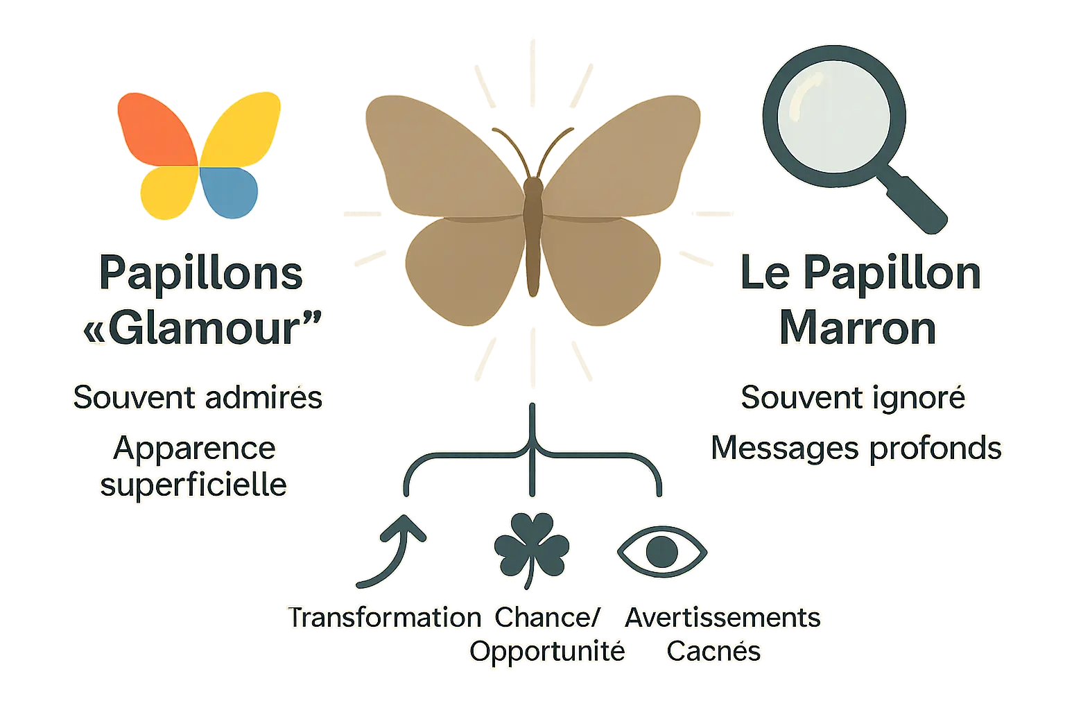 Infographie illustrant les significations symboliques du papillon marron selon les cultures