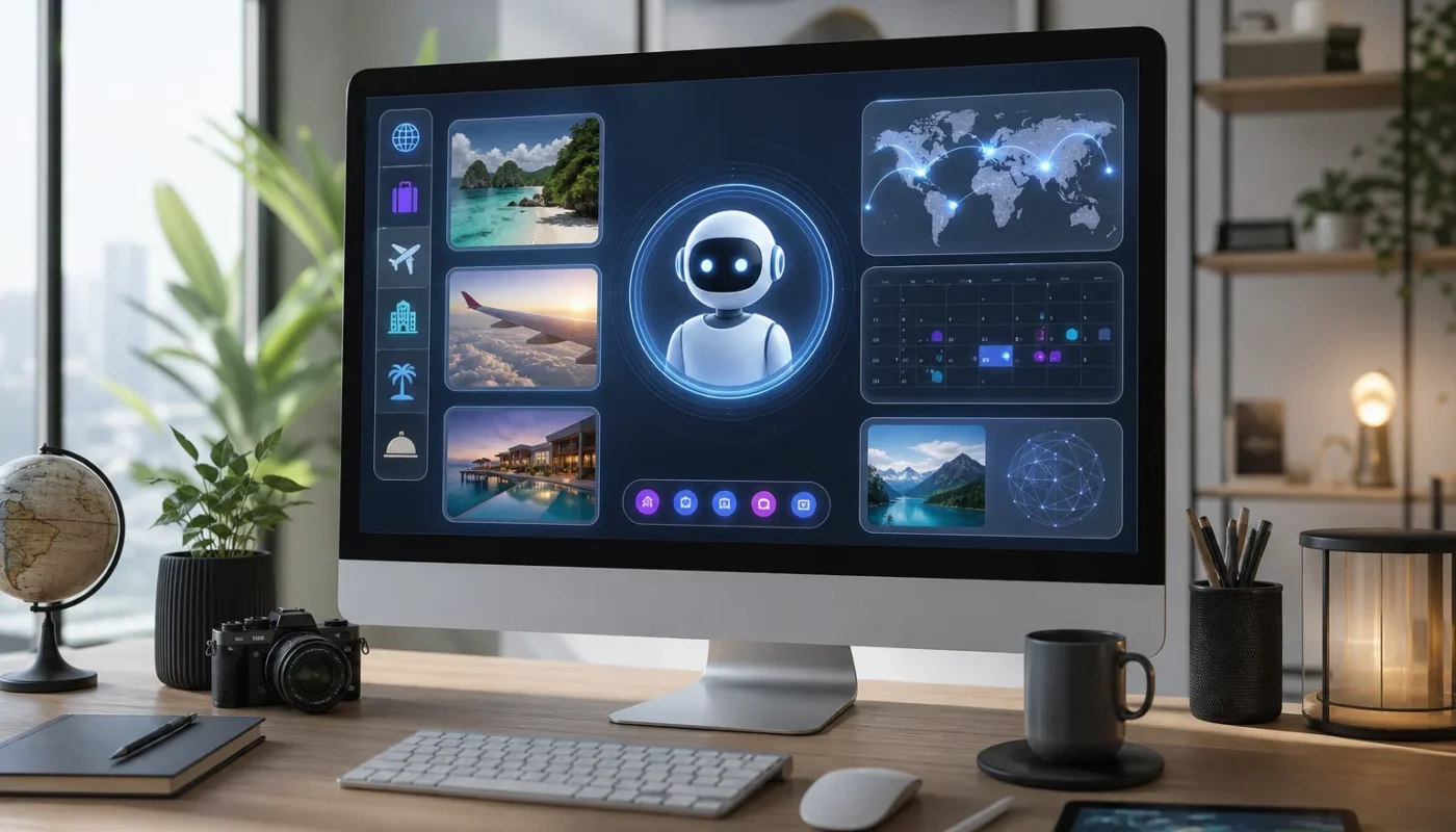 Assistant IA planifiant des vacances avec interface numérique moderne