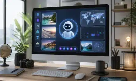Assistant IA planifiant des vacances avec interface numérique moderne
