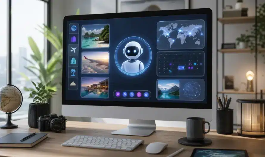 Assistant IA planifiant des vacances avec interface numérique moderne