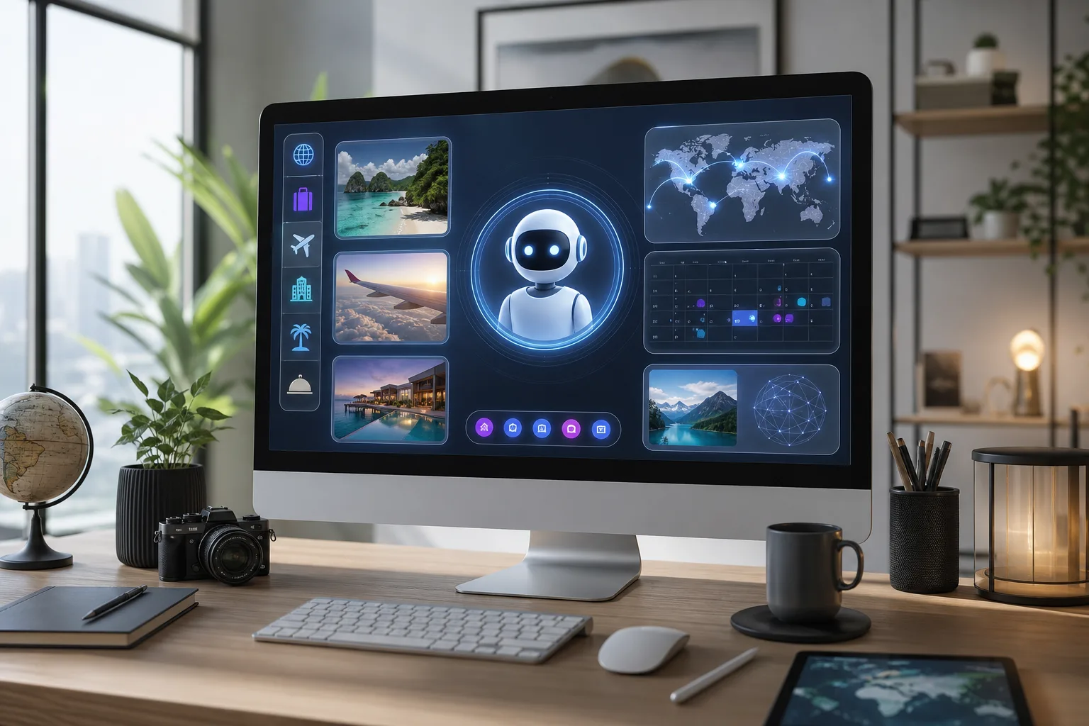 Assistant IA planifiant des vacances avec interface numérique moderne