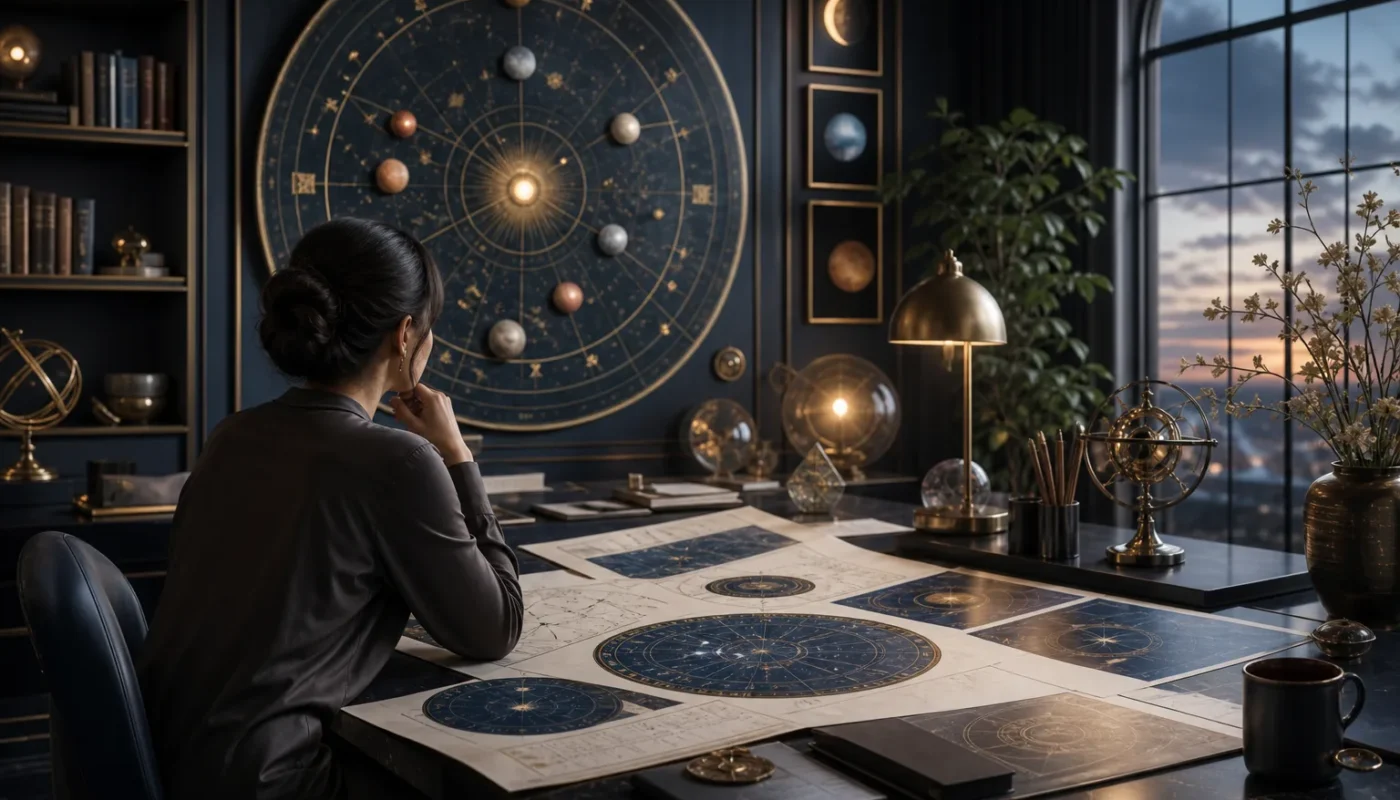 Couverture de magazine horoscope avec symboles astrologiques et lecture réfléchie