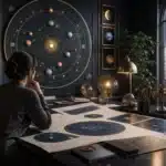Couverture de magazine horoscope avec symboles astrologiques et lecture réfléchie
