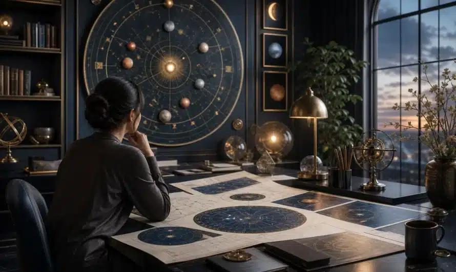 Couverture de magazine horoscope avec symboles astrologiques et lecture réfléchie