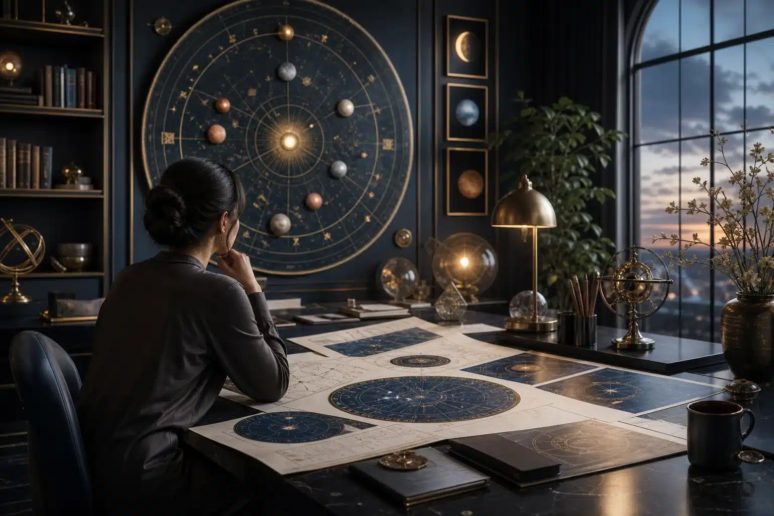 Couverture de magazine horoscope avec symboles astrologiques et lecture réfléchie