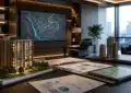 Couverture magazine immobilier avec maisons et appartements modernes