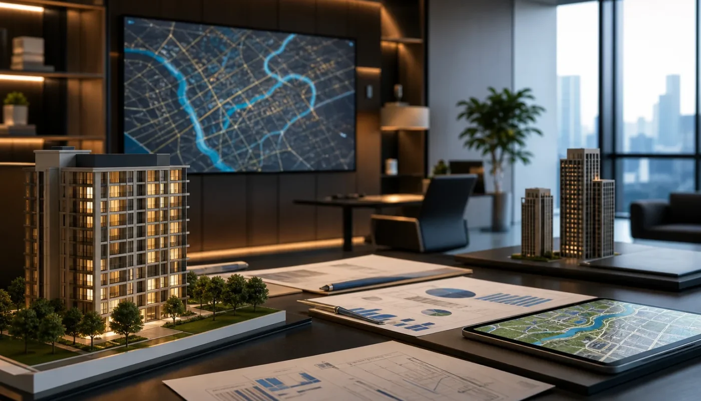 Couverture magazine immobilier avec maisons et appartements modernes