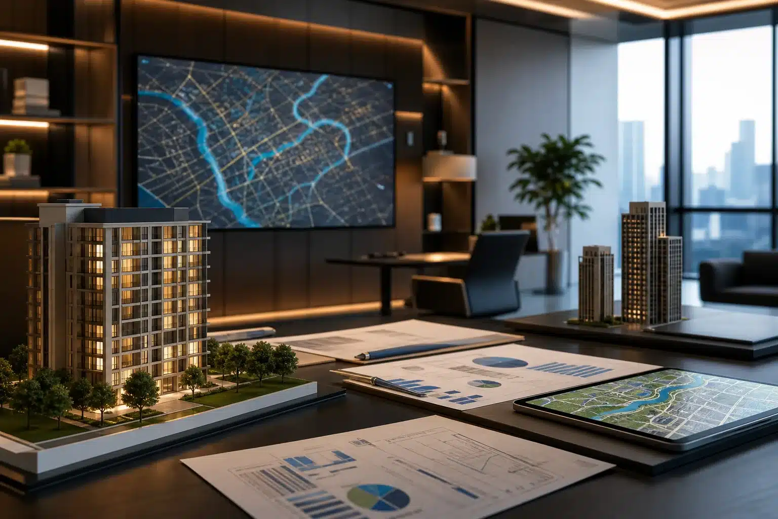 Couverture magazine immobilier avec maisons et appartements modernes