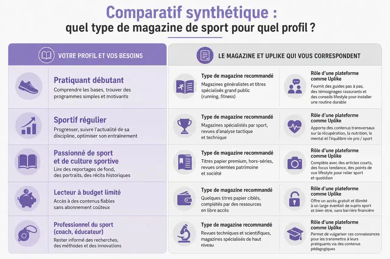 Magazine de sport : ce qu’il faut lire selon votre pratique , Comparatif synthétique : quel type de magazine de sport pour quel profil ?