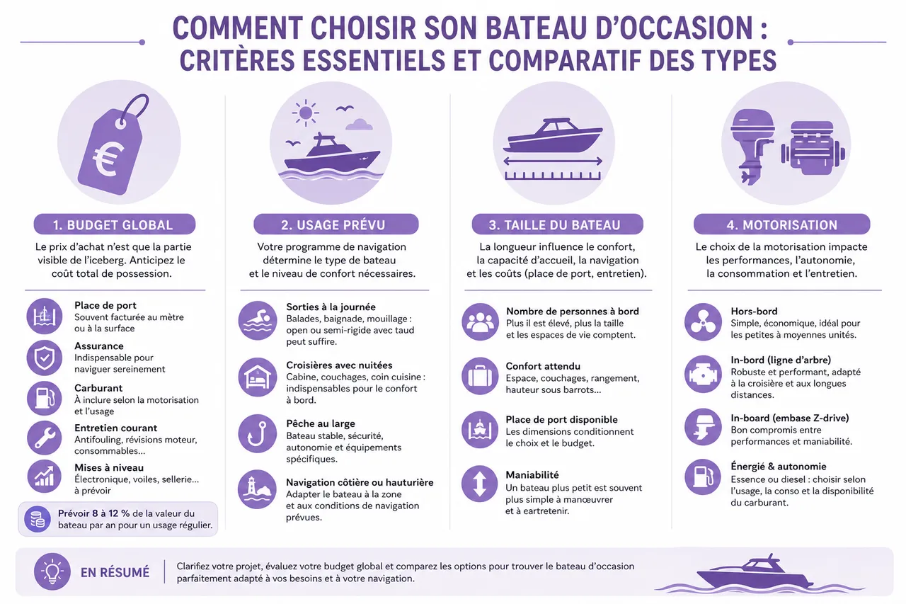 Guide d'achat: comment choisir votre bateau d'occasion en 2026 , Comment choisir son bateau d'occasion: critères essentiels et comparatif des types