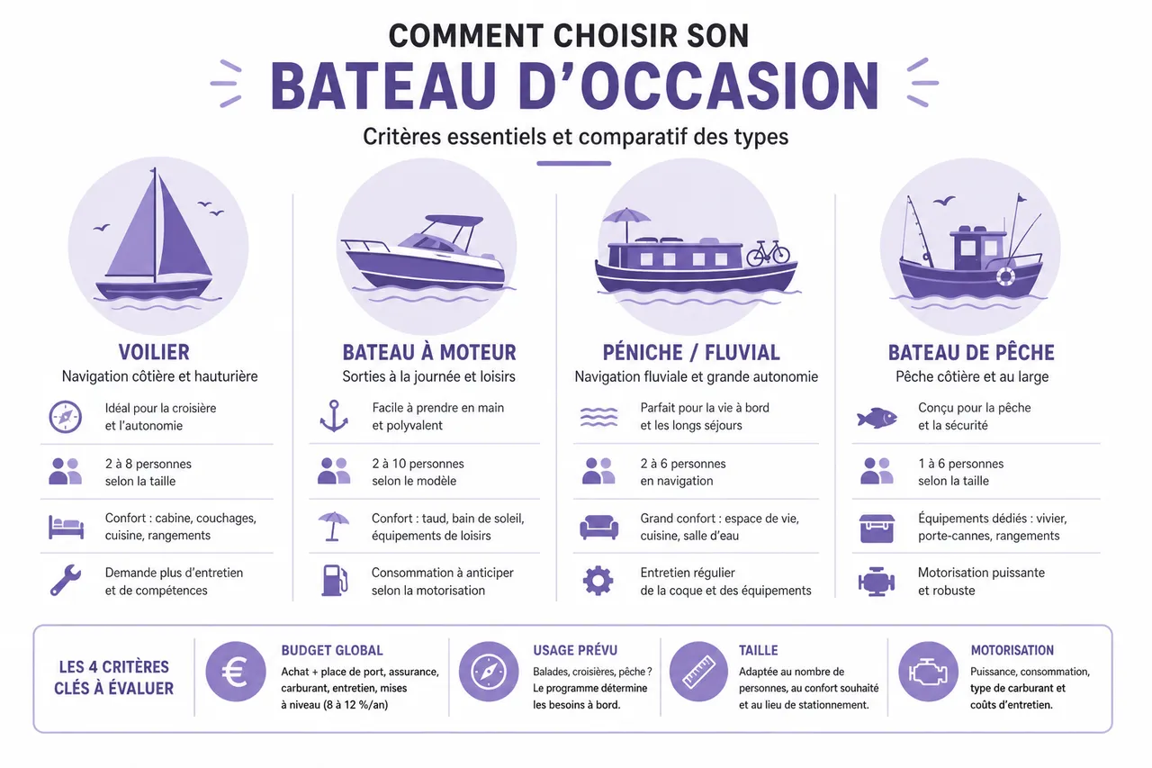 Guide d'achat: comment choisir votre bateau d'occasion en 2026 , Comment choisir son bateau d'occasion: critères essentiels et comparatif des types