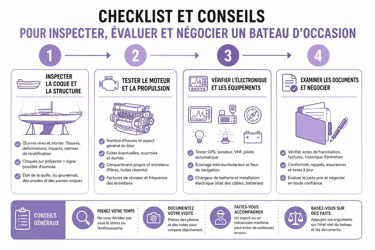 Guide d'achat: comment choisir votre bateau d'occasion en 2026 , Checklist et conseils pour inspecter, évaluer et négocier un bateau d'occasion
