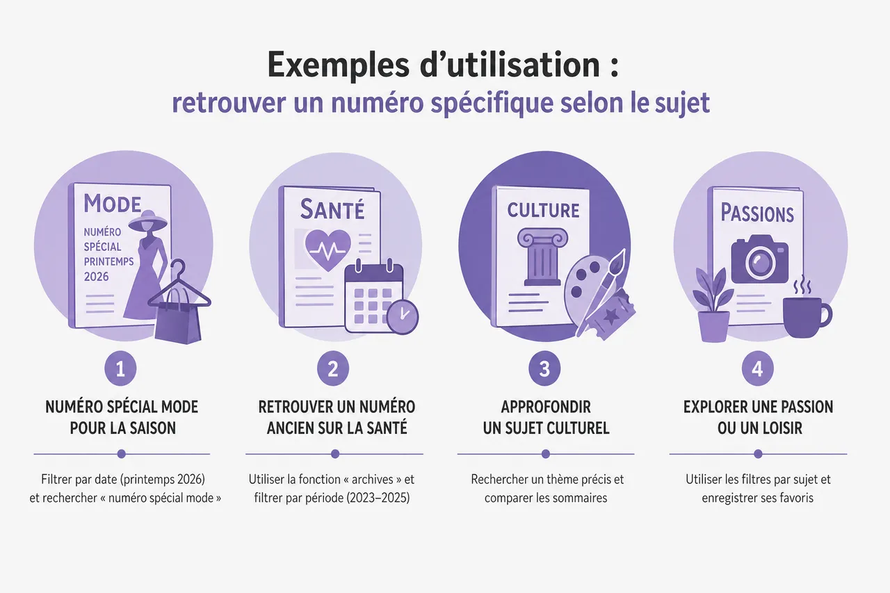 Comment choisir le bon numéro de magazine selon le sujet recherché? , Exemples d’utilisation: retrouver un numéro spécifique selon le sujet