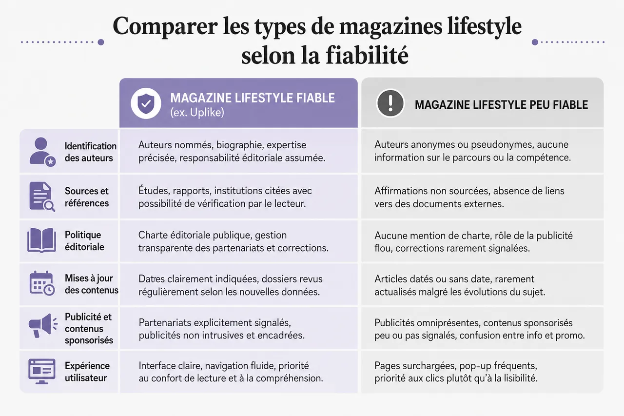 Magazine source: comment identifier une information fiable et utile , Comparer les types de magazines lifestyle selon la fiabilité