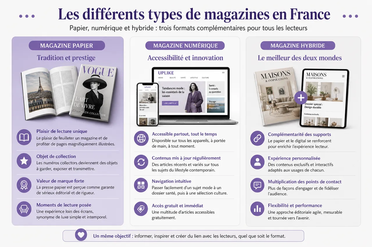 Magazine en France: les formats français à connaître en priorité , Les différents types de magazines en France: papier, numérique et hybride