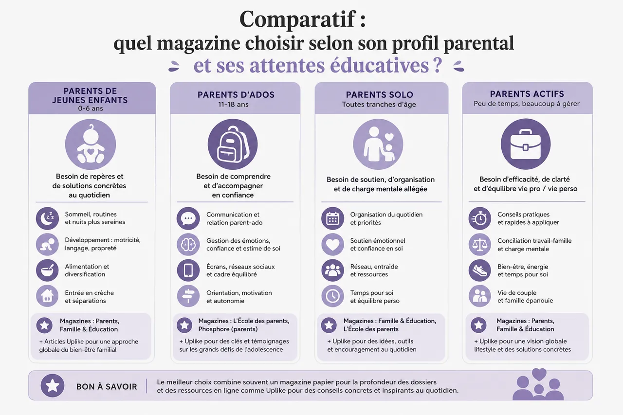 Quel magazine parentalité et éducation lire quand on veut des conseils concrets et nuancés? , Comparatif: quel magazine choisir selon son profil parental et ses attentes éducatives?