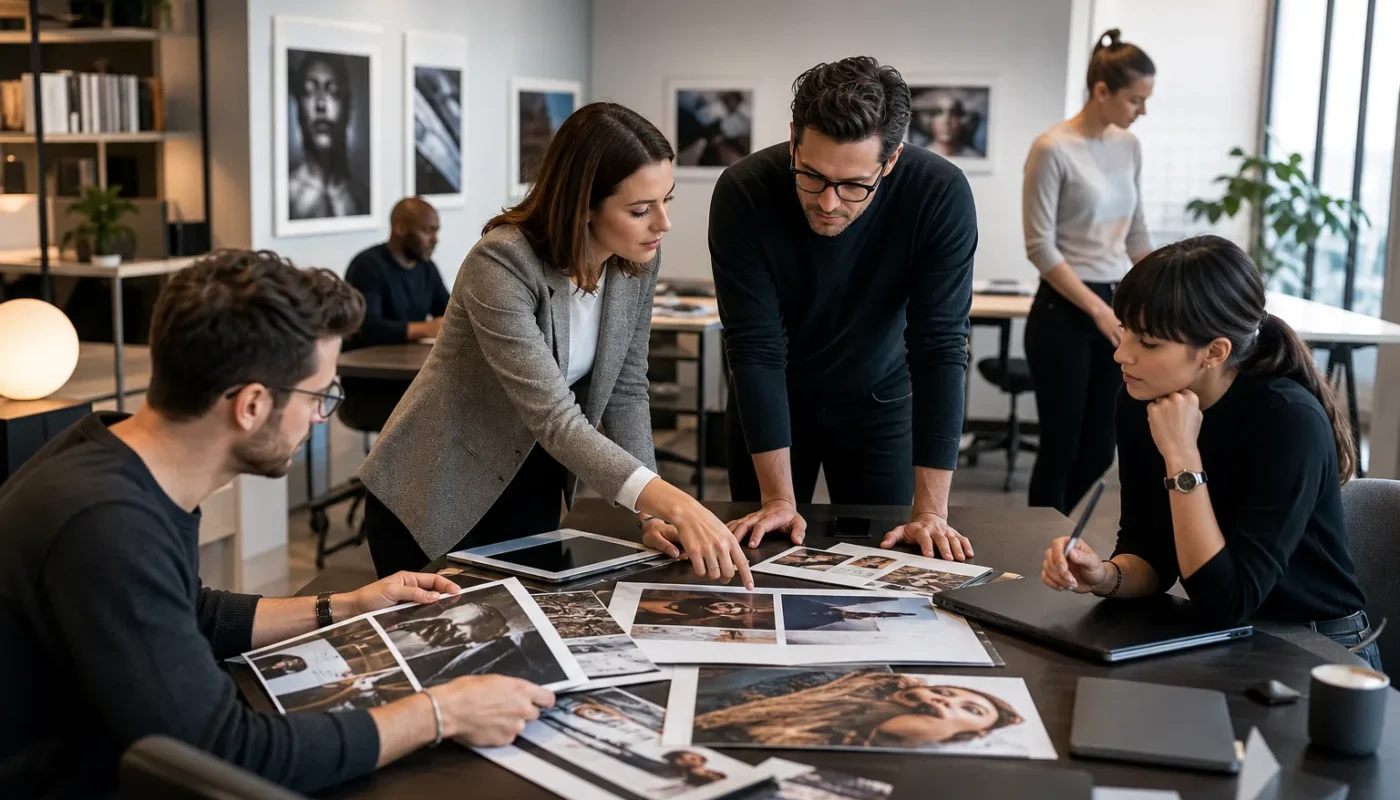 Équipe éditoriale travaillant sur la création de contenu magazine