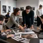 Équipe éditoriale travaillant sur la création de contenu magazine