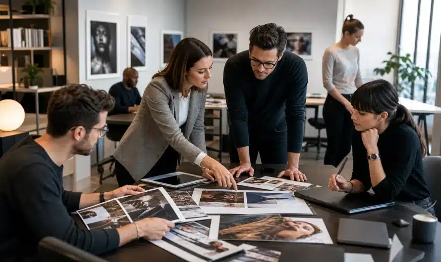 Équipe éditoriale travaillant sur la création de contenu magazine