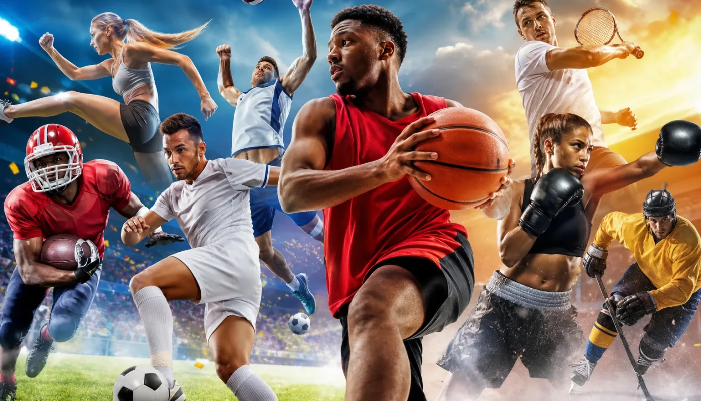 Couverture magazine de sport avec athlètes et articles spécialisés