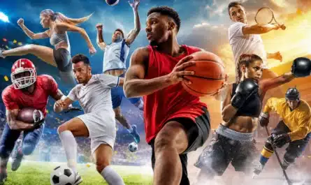 Couverture magazine de sport avec athlètes et articles spécialisés