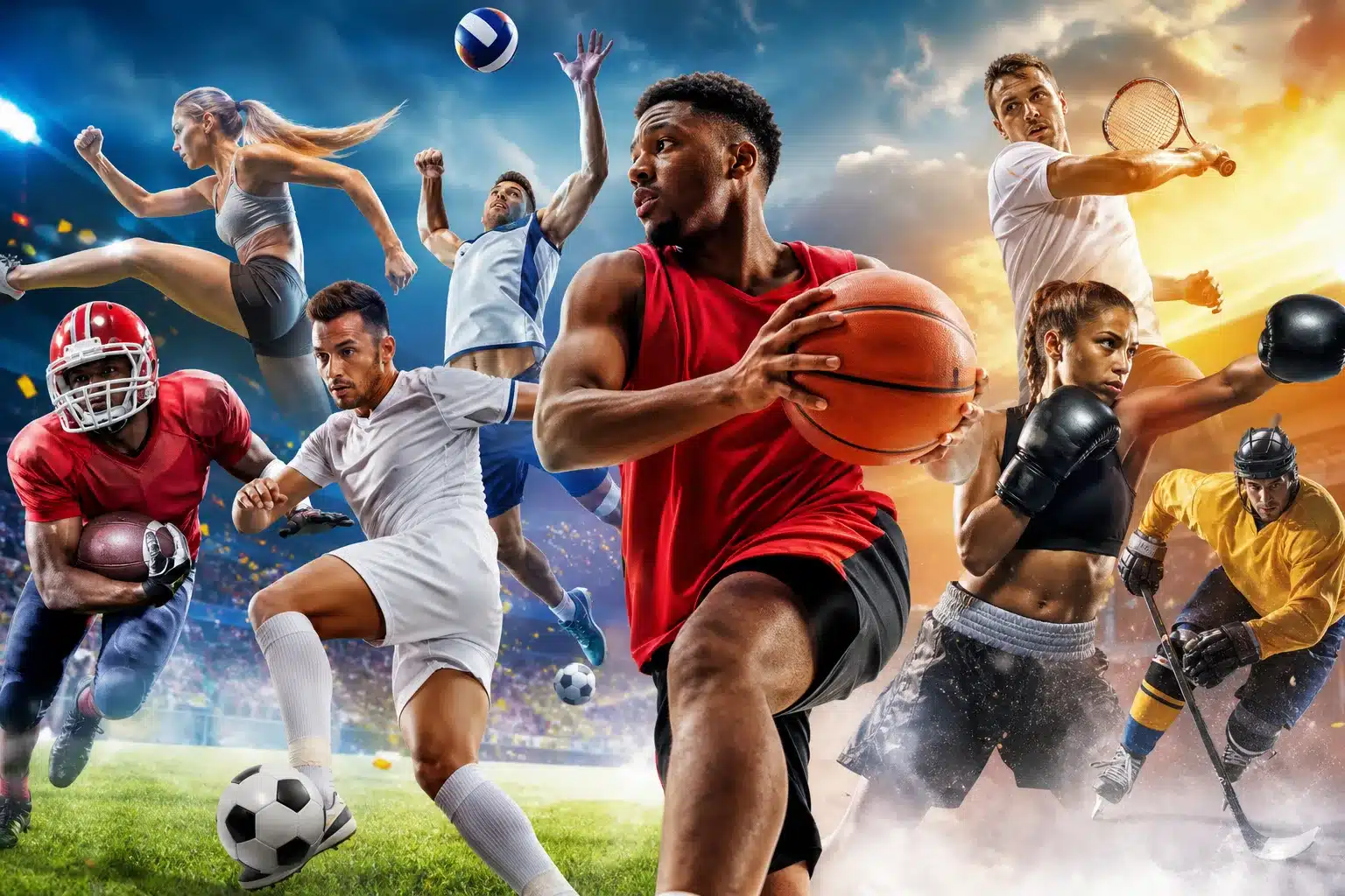Couverture magazine de sport avec athlètes et articles spécialisés