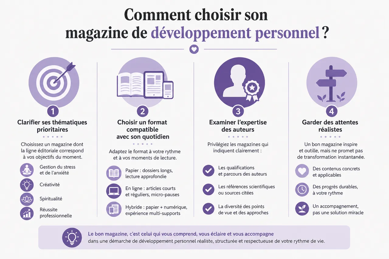 Magazine développement personnel pour faire le tri entre vraies pistes et promesses trop faciles , Comment choisir son magazine de développement personnel?