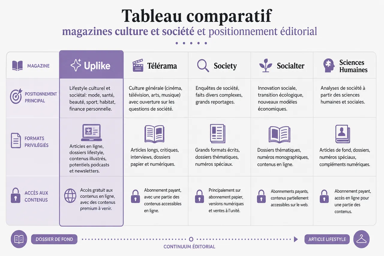Magazine culture et société pour suivre l’actualité sans se limiter aux gros titres , Tableau comparatif: magazines culture et société et positionnement éditorial