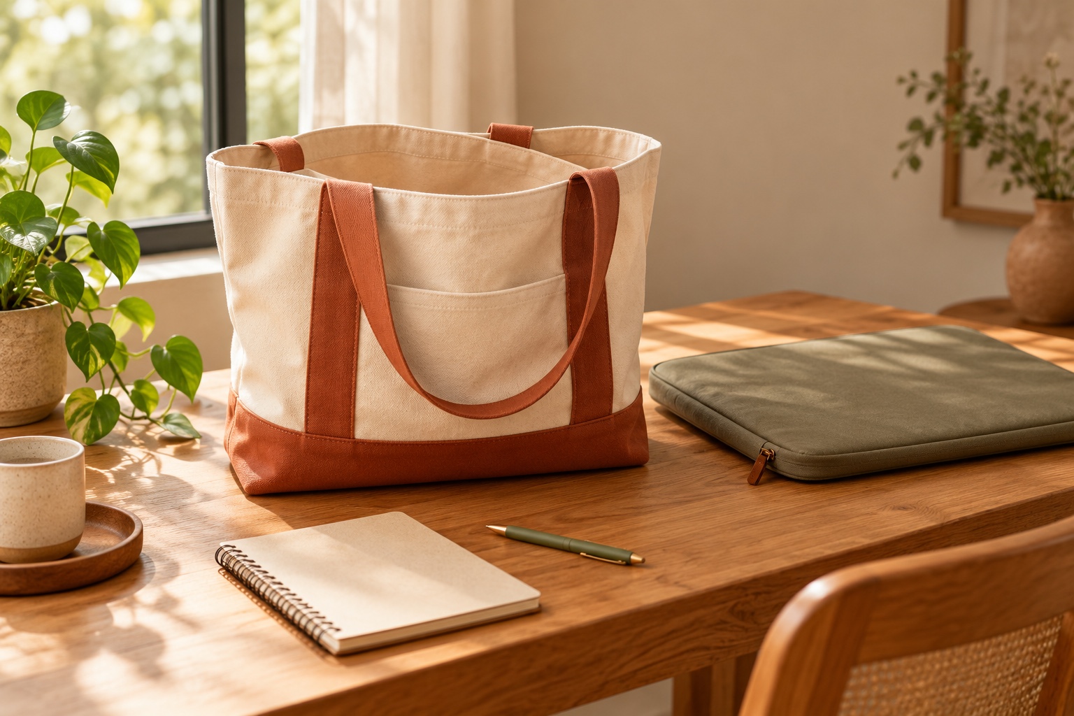 Cabas en toile beige à bordures terracotta posé sur un bureau en bois, à côté d'un carnet, d'un stylo et d'une housse d'ordinateur